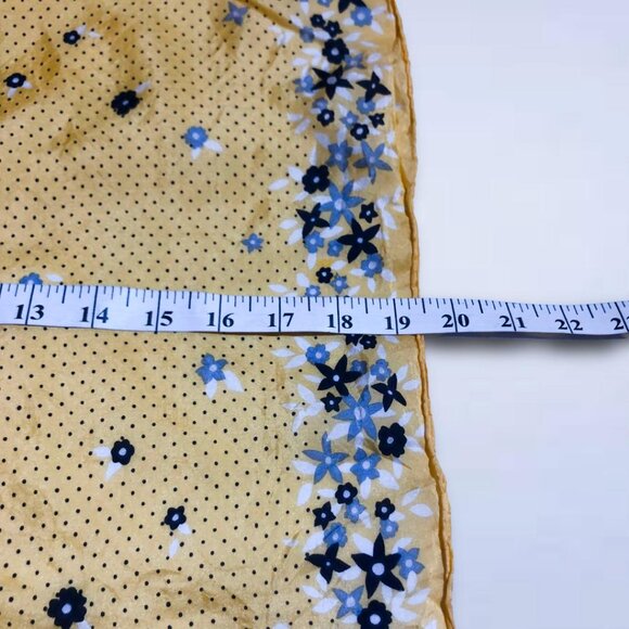 Yellow Silk Square Scarf Blue Floral Polka Dot Print | 20"x19" - Picture 4 of 6